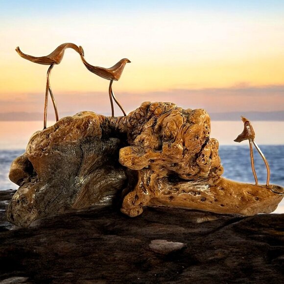 Unknown Other - Burled Knob Driftwood Sculpture  3-Cranes Birds on Copper Legs 1950 MCM Folk Art